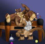  6pklion anthro anus balls billiards body_hair bottomless butt canine clothed clothing crouching duo erection feet hair hat humanoid_penis male male/male mammal musclegut muscular muscular_male mustelid nipples otter pawpads paws pecs penis pool_(disambiguation) presenting sex shirt simple_background smile toes wolf 