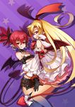  :q bare_legs black_legwear blonde_hair bow choker demon_tail demon_wings detached_sleeves disgaea earrings elbow_gloves etna flonne flonne_(fallen_angel) gloves highres jewelry long_hair monmon_(monx) multiple_girls pointy_ears red_eyes red_hair short_hair tail tail_bow thighhighs tongue tongue_out wings 