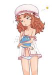  1girl artist_request blush brown_hair censored dragon_quest dragon_quest_vii flat_chest long_hair maribel messy_hair nipple_slip nipples nude off_shoulder saliva slime slime_(dragon_quest) 