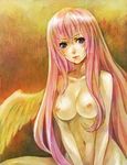  acha angel_wings blue_eyes breasts large_breasts long_hair megurine_luka nude pink_hair solo vocaloid wings 