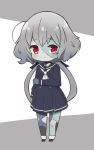  1girl arm_grab black_dress black_sailor_collar blue_ribbon chibi closed_mouth commentary_request dress full_body grey_background grey_hair hair_ribbon hisajou konno_junko long_hair long_sleeves looking_at_viewer low_twintails neckerchief patchwork_skin pleated_dress red_eyes ribbon sailor_collar sailor_dress solo standing twintails two-tone_background very_long_hair white_background white_neckwear zombie zombie_land_saga 