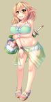  :d bag bikini_top blush brave_girl_ravens breasts brigitte_frankle brown_eyes cleavage collarbone commentary_request elf embarrassed full_body fuuki_(te_fuukin) hair_ornament hairpin large_breasts light_brown_hair long_hair looking_at_viewer navel open_mouth pointy_ears sandals shoulder_bag simple_background smile solo 