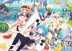  animal_ear_fluff animal_ears apple aqua_hair arm_strap ass beach bikini bikini_top blonde_hair blue_eyes blue_hair cat_ears cat_tail closed_eyes cloud cutoffs day eating food fruit gloves gradient_hair headgear ice_box kneeling lemon looking_at_viewer mamuru mouth_hold multicolored_hair multiple_girls multiple_tails nekomata ocean one_eye_closed original outdoors pink_hair popsicle sitting swimsuit tail thigh_strap thighhighs tropical_drink two_tails water watermelon yellow_eyes 