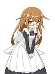  :o alternate_costume apron blush brown_eyes brown_hair commentary_request enmaided eyebrows_visible_through_hair glasses highres ichi kantai_collection long_hair long_sleeves maid maid_apron mochizuki_(kantai_collection) necktie semi-rimless_eyewear simple_background solo under-rim_eyewear v-shaped_eyebrows v_arms white_background 