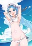  :d alternate_costume armpits arms_behind_head bikini blue_eyes blue_hair blue_sky breasts cleavage clothes_writing cloud cloudy_sky collarbone cosplay cowboy_shot day gradient_hair groin hat highres horizon kantai_collection long_hair lowleg lowleg_bikini multicolored_hair navel ocean open_mouth outdoors revision sailor_bikini sailor_collar sailor_hat samidare_(kantai_collection) side-tie_bikini sky small_breasts smile solo sweat swimsuit underboob very_long_hair white_bikini yokoshima_(euphoria) z3_max_schultz_(kantai_collection) z3_max_schultz_(kantai_collection)_(cosplay) 