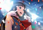  artist_name black_hair blue_hat blush confetti eyebrows_visible_through_hair gloves green_eyes happy_party_train hat kurosawa_dia long_hair looking_away love_live! love_live!_sunshine!! mole mole_under_mouth open_mouth papi_(papiron100) signature smile solo upper_body white_gloves 