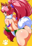  animal_ears armlet ass bare_back bare_shoulders breasts cat_ears fang highres huge_breasts long_hair looking_at_viewer looking_back paw_print perisie_(star_ocean) ponytail red_eyes ryoi sideboob simple_background smile solo star_ocean star_ocean_first_departure thighs very_long_hair yellow_background 
