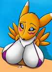  anthro big_breasts black_sclera blue_eyes breasts cleavage clothed clothing creatiffy digimon eyelashes female fur huge_breasts looking_at_viewer pool_(disambiguation) renamon swimsuit yellow_fur 