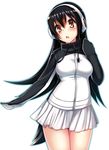  black_hair brown_eyes chestnut_mouth commentary_request fuuki_(te_fuukin) gentoo_penguin_(kemono_friends) headphones jacket kemono_friends long_hair looking_at_viewer simple_background solo tail white_background 