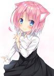  absurdres animal_ears blue_eyes cat_ears commentary_request go-1 highres looking_at_viewer original pink_hair pleated_skirt school_uniform short_hair simple_background skirt smile solo white_background 
