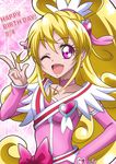  ;d aida_mana arm_warmers blonde_hair bow cure_heart dokidoki!_precure earrings hair_ornament half_updo hand_on_hip hanzou happy_birthday heart heart_hair_ornament highres jewelry long_hair looking_at_viewer magical_girl one_eye_closed open_mouth pink_background pink_bow pink_eyes pink_neckwear pink_sleeves ponytail precure smile solo upper_body v 