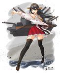  bare_shoulders black_hair black_legwear boots brown_eyes cannon detached_sleeves full_body hair_ornament hairband hairclip haruna_(kantai_collection) japanese_clothes kantai_collection long_hair machinery nontraditional_miko open_mouth outstretched_arm pleated_skirt red_skirt ribbon-trimmed_sleeves ribbon_trim rigging skirt solo thigh_boots thighhighs turret twitter_username yamashiki_(orca_buteo) 