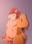  2017 anthro balls bowser bowser_day digital_media_(artwork) erection hair hi_res horn humanoid_penis jerseydevil koopa looking_at_viewer male mario_bros nintendo nude penis precum presenting reptile scalie simple_background solo spikes video_games 