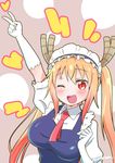  ;d blonde_hair commentary_request dragon_girl dragon_horns elbow_gloves gloves highres horns kobayashi-san_chi_no_maidragon long_hair looking_at_viewer maid maid_headdress one_eye_closed open_mouth orange_eyes slit_pupils smile solo tooru_(maidragon) twintails v white_gloves yokoshima_(euphoria) 