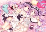  asterios_(fate/grand_order) bangs bare_shoulders bed bed_sheet black_ribbon blush breasts character_doll commentary_request dot_nose euryale eyebrows_visible_through_hair fate/grand_order fate/hollow_ataraxia fate_(series) feet_out_of_frame frills hairband heart heart_pillow interlocked_fingers jewelry legband lolita_hairband long_hair looking_at_viewer lying medium_breasts multiple_girls on_back on_bed open_mouth outstretched_arm pillow purple_eyes purple_hair ribbon rider ring smile stheno stuffed_toy suzune_rena take_your_pick twintails wristband 