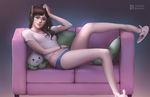  :3 animal_print artist_name blue_shorts breasts brown_eyes brown_hair bunny_print closed_mouth collarbone commentary couch d.va_(overwatch) eyelashes feet_out_of_frame gradient gradient_background hand_on_own_head hand_on_own_stomach hand_up headphones highres leg_up lips long_hair looking_at_viewer lorenz_basuki nose overwatch pachimari pillow shirt shoe_dangle short_shorts shorts slippers small_breasts smile solo stuffed_animal stuffed_octopus stuffed_toy v-shaped_eyebrows white_shirt wristband 