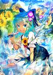  bangs blue_bow blue_dress blue_eyes blue_hair bottle bow cirno commentary_request day dress flower holding holding_bottle ice ice_wings looking_at_viewer morning_glory outdoors partially_submerged puffy_short_sleeves puffy_sleeves ramune red_ribbon ribbon short_sleeves sitting smile solo summer sunflower sunlight tan tanned_cirno teeth touhou water wings zounose 