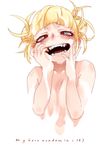  1girl absurdres blonde_hair blunt_bangs blush boku_no_hero_academia copyright_name double_bun english fangs hair_bun hands_on_own_cheeks hands_on_own_face highres messy_hair nude open_mouth red_eyes slime smile solo toga_himiko yandere_trance 