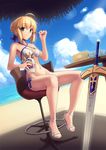  absurdres ahoge artoria_pendragon_(all) artoria_pendragon_(swimsuit_archer) bangs beach bikini blonde_hair blue_ribbon blue_sky boa_(brianoa) braid breasts chair closed_mouth cloud commentary criss-cross_halter day dutch_angle eating excalibur eyebrows_visible_through_hair fate/grand_order fate/stay_night fate_(series) food full_body green_eyes hair_ribbon halterneck highres holding holding_food looking_at_viewer medium_breasts navel ocean on_chair outdoors parfait ribbon sandals side-tie_bikini sidelocks sitting sky smile solo swimsuit sword table water_gun weapon white_bikini 