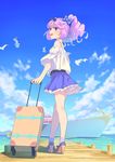  :d aikatsu!_(series) aikatsu_stars! bag bare_shoulders belt bird blouse blue_eyes blue_ribbon blue_skirt blue_sky blush boat bouzu_(bonze) cloud cloudy_sky commentary_request day drill_hair eyewear_on_head from_below full_body hair_ribbon high_heels holding holding_bag legs looking_at_viewer looking_back ocean open_mouth pier pink_hair puffy_sleeves ribbon rolling_suitcase sakuraba_rola seagull skirt sky smile socks solo standing sunglasses twin_drills watercraft white_blouse 