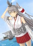  amatsukaze_(kantai_collection) artist_name blue_sky cannon commentary_request cosplay day detached_sleeves e16a_zuiun hair_ornament hair_tubes heart heart-shaped_pupils highres kantai_collection long_hair looking_at_viewer nontraditional_miko o_o ocean pleated_skirt rensouhou-kun retorillo silver_hair skirt sky symbol-shaped_pupils turret two_side_up yamashiro_(kantai_collection) yamashiro_(kantai_collection)_(cosplay) yellow_eyes 