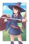 bangs belt blue_hat blue_robe blunt_bangs breasts brown_eyes brown_hair clenched_hands clenched_teeth cloud commentary cowboy_shot day grass hat highres holding holding_shield holding_sword holding_weapon kagari_atsuko knee_pads little_witch_academia long_hair looking_at_viewer medium_breasts red_belt redpoke robe rock shield short_sword sky smile solo sword teeth unsheathed wand weapon wide_sleeves witch witch_hat 