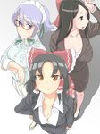  absurdres black_eyes black_hair blue_eyes blush bow breasts brown_eyes cleavage closed_mouth collarbone commentary_request cookie_(touhou) eyebrows_visible_through_hair glasses green_bow grey_hair hair_bow hair_tubes hakurei_reimu hand_on_hip highres izayoi_sakuya large_breasts long_hair looking_at_viewer looking_away maid_headdress multiple_girls okonogi parted_lips red_bow ryuuga_(cookie) sananana semi-rimless_eyewear shiromiya_rei_(cookie) short_hair smile touhou 