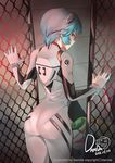  2016 artist_name ass ayanami_rei back bangs blue_hair bodysuit bracer chain-link_fence closed_mouth cowboy_shot damda dated expressionless eyelashes fence from_behind from_side gloves hair_between_eyes hands_up headgear impossible_bodysuit impossible_clothes legs_together looking_at_viewer looking_back neon_genesis_evangelion pilot_suit plugsuit profile red_eyes short_hair skin_tight solo standing turtleneck white_bodysuit white_gloves 