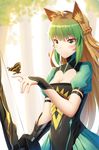  ahoge animal_ears atalanta_(fate) blush bow_(weapon) breasts brown_hair bug butterfly cleavage closed_mouth eyebrows_visible_through_hair fate/apocrypha fate/grand_order fate_(series) fox_ears green_eyes green_hair highres holding holding_bow_(weapon) holding_weapon insect ji_dao_ji large_breasts long_hair looking_away multicolored_hair smile solo two-tone_hair weapon 
