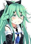  :&lt; ataru_(cha2batake) black_serafuku blue_neckwear blush closed_mouth commentary_request crying crying_with_eyes_open detached_sleeves green_eyes green_hair hair_between_eyes hair_ornament hair_ribbon hairclip kantai_collection long_hair neckerchief ribbon sailor_collar school_uniform serafuku simple_background solo tears trembling upper_body v-shaped_eyebrows white_background yamakaze_(kantai_collection) 