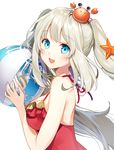  ball beachball blue_eyes blush breasts crab crab_on_head eyebrows_visible_through_hair fate/grand_order fate_(series) grey_hair hair_ornament holding holding_ball large_breasts long_hair looking_at_viewer marie_antoinette_(fate/grand_order) parted_lips sideboob smile solo starfish starfish_hair_ornament twintails yuzuki_kihiro 