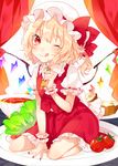  ;q ascot bangs blonde_hair blush breasts cherry_tomato collared_shirt commentary_request crystal cup curtains eyebrows_visible_through_hair flandre_scarlet fork frilled_cuffs frilled_shirt_collar frilled_skirt frilled_sleeves frills full_body hat hat_ribbon highres holding holding_fork lettuce long_hair looking_at_viewer minigirl mob_cap mokyuko nail_polish one_eye_closed one_side_up plate puffy_short_sleeves puffy_sleeves red_eyes red_ribbon red_skirt red_vest ribbon shirt short_hair short_sleeves sitting skirt skirt_set small_breasts solo tea tomato tongue tongue_out touhou vest wariza wavy_hair white_hat white_shirt wing_collar wings wrist_cuffs yellow_neckwear 