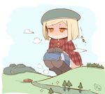  :&lt; beret blonde_hair blush closed_mouth cloud commentary eyebrows_visible_through_hair fate/grand_order fate_(series) flannel frown giantess gloves hanomido hat house jitome nose_blush pantyhose paul_bunyan_(fate/grand_order) peeing river short_hair sigh signature solo squatting sweat sweatdrop tree v-shaped_eyebrows 