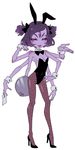  1girl bunny_ears bunnysuit extra_arms extra_eyes fishnet_pantyhose fishnets high_heels legs monster_girl muffet purple_skin solo spider_girl twintails undertale 
