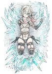  amputee androgynous aqua_eyes blonde_hair commentary_request crystal elbow_gloves eyebrows_visible_through_hair feathers frown full_body gloves hair_feathers highres lying missing_eye navel on_back original scarf skindentation tattoo towa-darkmistic triple_amputee 