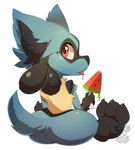  2017 anthro blue_fur canine food fur looking_at_viewer lucario male mammal nintendo pok&eacute;mon popsicle red_eyes simple_background sitting tongue video_games xnirox 