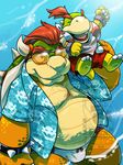  anthro belly body_hair bowser bowser_jr. bulge clothed clothing elepticafusion eyewear male mario_bros nintendo open_shirt overweight overweight_male slightly_chubby speedo swimsuit video_games 