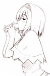  alice_margatroid bangs blush capelet eating ehoumaki eyebrows_visible_through_hair food from_side greyscale hair_intakes hairband holding holding_food looking_at_viewer makizushi monochrome nirap profile sexually_suggestive short_hair solo sushi touhou upper_body 