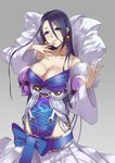 bare_shoulders black_hair blue_eyes blush breasts cleavage closed_mouth collarbone commentary_request cowboy_shot dress earrings hair_between_eyes highres japanese_clothes jewelry kaguya_hime_(sinoalice) kimono large_breasts long_sleeves looking_at_viewer off-shoulder_dress off_shoulder sinoalice skull smile solo white_dress wide_sleeves worldless 