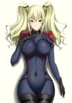  &gt;:( bangs black_bodysuit black_gloves black_legwear blonde_hair blush bodysuit breasts closed_mouth code_geass code_geass:_boukoku_no_akito commentary_request covered_navel cowboy_shot frown gloves highres konishiki_(52siki) large_breasts leila_(code_geass) long_hair pilot_suit purple_eyes skin_tight solo thighhighs twintails v-shaped_eyebrows 