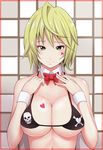 bangs bare_shoulders black_bikini_top blonde_hair bow bowtie breasts cleavage closed_mouth commentary_request detached_collar heart_tattoo konishiki_(52siki) large_breasts looking_at_viewer original red_bow red_neckwear short_hair smile solo tattoo upper_body wrist_cuffs yellow_eyes 