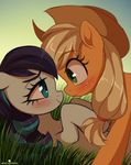  2017 applejack_(mlp) blonde_hair blue_eyes blush coloratura_(mlp) cowboy_hat duo earth_pony equine eye_contact eyelashes female feral freckles friendship_is_magic grass green_eyes hair hat hi_res hooves horse long_hair lying mammal momomistress multicolored_hair my_little_pony on_back outside pony smile 
