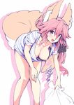  :d animal_ear_fluff animal_ears bag bangs bare_legs blush breasts collarbone commentary_request downblouse fang fate/extra fate_(series) feet_out_of_frame fox_ears fox_girl fox_tail hair_between_eyes highres holding holding_bag large_breasts leaning_forward long_hair looking_at_viewer nipple_slip nipples no_bra open_mouth pink_hair polka_dot polka_dot_background shirt smile solo striped striped_shirt tail tamamo_(fate)_(all) tamamo_no_mae_(fate) tamamo_no_mae_(swimsuit_lancer)_(fate) wisespeak yellow_eyes 