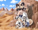  african_wild_dog_(kemono_friends) african_wild_dog_print animal_ears boots bow bowtie commentary_request denim denim_shorts desert dog_ears dog_tail kazamatsuri_nagi kemono_friends multicolored multicolored_clothes multicolored_legwear scarf shorts solo tail 