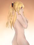  granblue_fantasy hand_on_head highres irinasvyatoslav long_hair looking_at_viewer nude red_eyes simple_background solo vira_lilie 