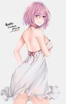  back bare_back breast_hold breasts dated dress english eyes_visible_through_hair fate/grand_order fate_(series) hanada_yanochi large_breasts looking_at_viewer looking_back mash_kyrielight purple_eyes purple_hair short_hair smile smirk solo strap_gap summer sundress 