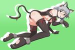  animal_ears ass bell black_legwear blush cat_ears cat_paws cosplay fate/kaleid_liner_prisma_illya fate_(series) gloves green_eyes grey_hair hair_bell hair_ornament illyasviel_von_einzbern illyasviel_von_einzbern_(cosplay) nomad_(mjauharazhar) open_mouth paw_pose paws sanya_v_litvyak simple_background solo strike_witches sweat tail thighhighs tongue world_witches_series 