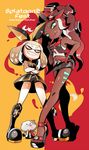  2girls :d :p alternate_costume bare_shoulders belt blush boots brown_hair cat cephalopod_eyes crossed_arms dark_skin domino_mask feet fingerless_gloves full_body gloves green_eyes hair_ribbon hand_on_hip high_heels highres hime_(splatoon) iida_(splatoon) keijou_(cave) ketchup kojajji-kun_(splatoon) legs licking_lips looking_at_another makeup mascara mask mayonnaise midriff mole mole_under_mouth multiple_girls navel_piercing octarian open_mouth piercing ribbon short_shorts shorts sleeveless smile splatoon_(series) splatoon_2 symbol-shaped_pupils teeth tentacle_hair toenail_polish tongue tongue_out yellow_eyes 