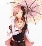  bead_necklace beads belt black_gloves breasts brown_eyes brown_hair check_commentary cleavage commentary commentary_request gloves heterochromia jewelry long_hair multicolored_hair nauda_rwby necklace neo_(rwby) parasol pink_eyes pink_hair rwby small_breasts solo umbrella white_hair 