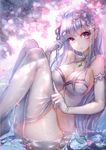  ass bare_shoulders blush bra breasts cleavage collarbone detached_collar elbow_gloves emilia_(re:zero) flower gloves groin hair_flower hair_ornament lingerie long_hair looking_at_viewer medium_breasts no_panties parted_lips partially_submerged petals pointy_ears purple_eyes re:zero_kara_hajimeru_isekai_seikatsu signature silver_hair sitting smile solo thighhighs underwear underwear_only water wet wet_clothes white_bra white_legwear xing 